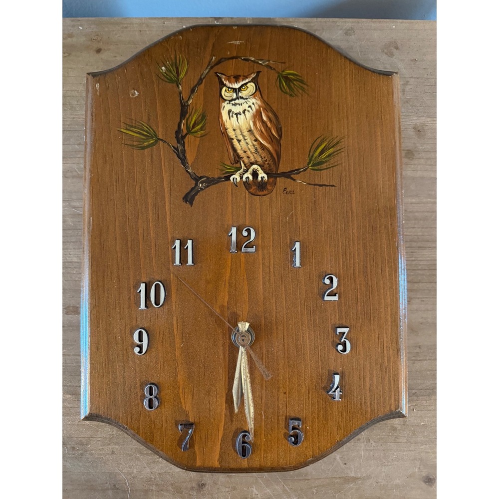 Vintage Hand Painted Owl Wood Wall Clock Signed Eva Rustic‎ Cabin Decor Quartz
